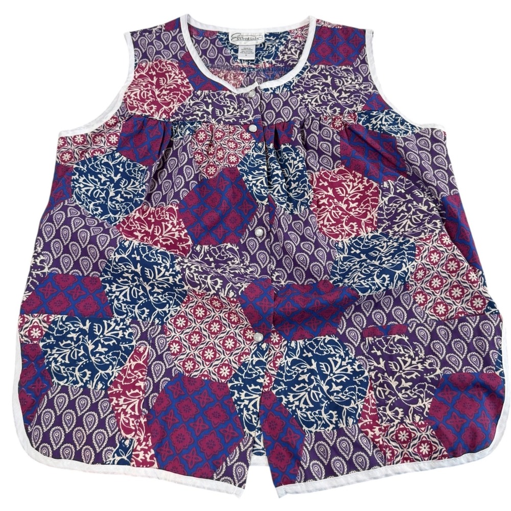 Easy Essentials Vintage Medium Patchwork Paisley Snap Front Sleeveless Smock Top